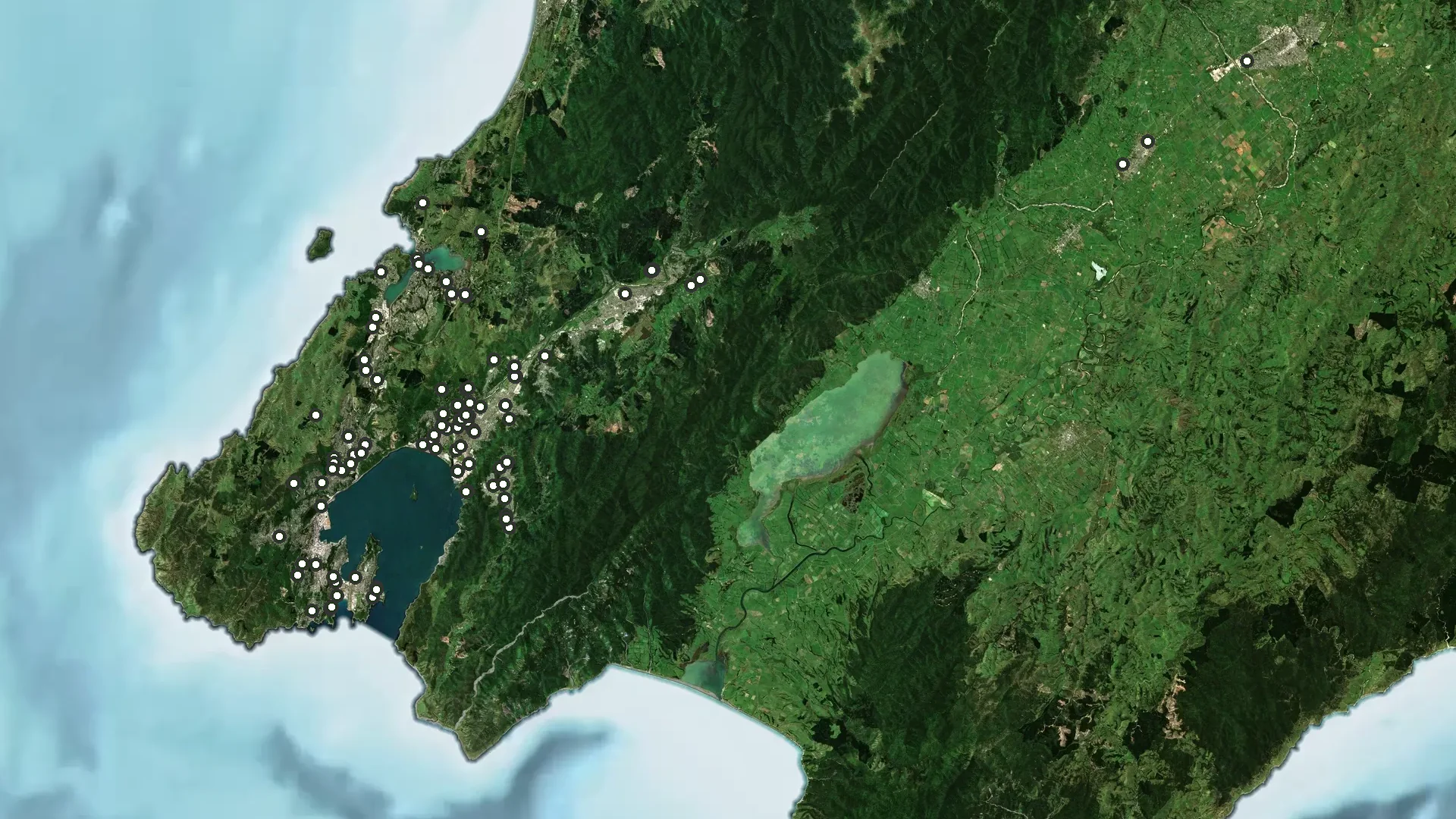 Aerial view of Derive Consulting project locations across Wellington, the Hutt Valley, and the Wairarapa